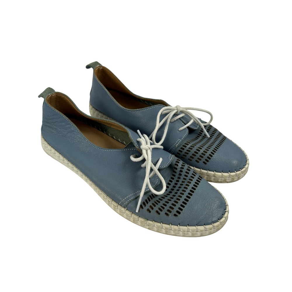 Bueno Blue Leather Perforated Lace Up Flats Boho Casual Comfort Shoes Size 38